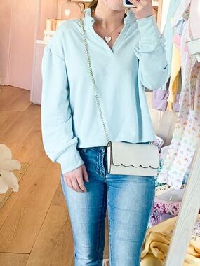 Francesca's Collections Light Blue Ruffle V-Neck Pullover